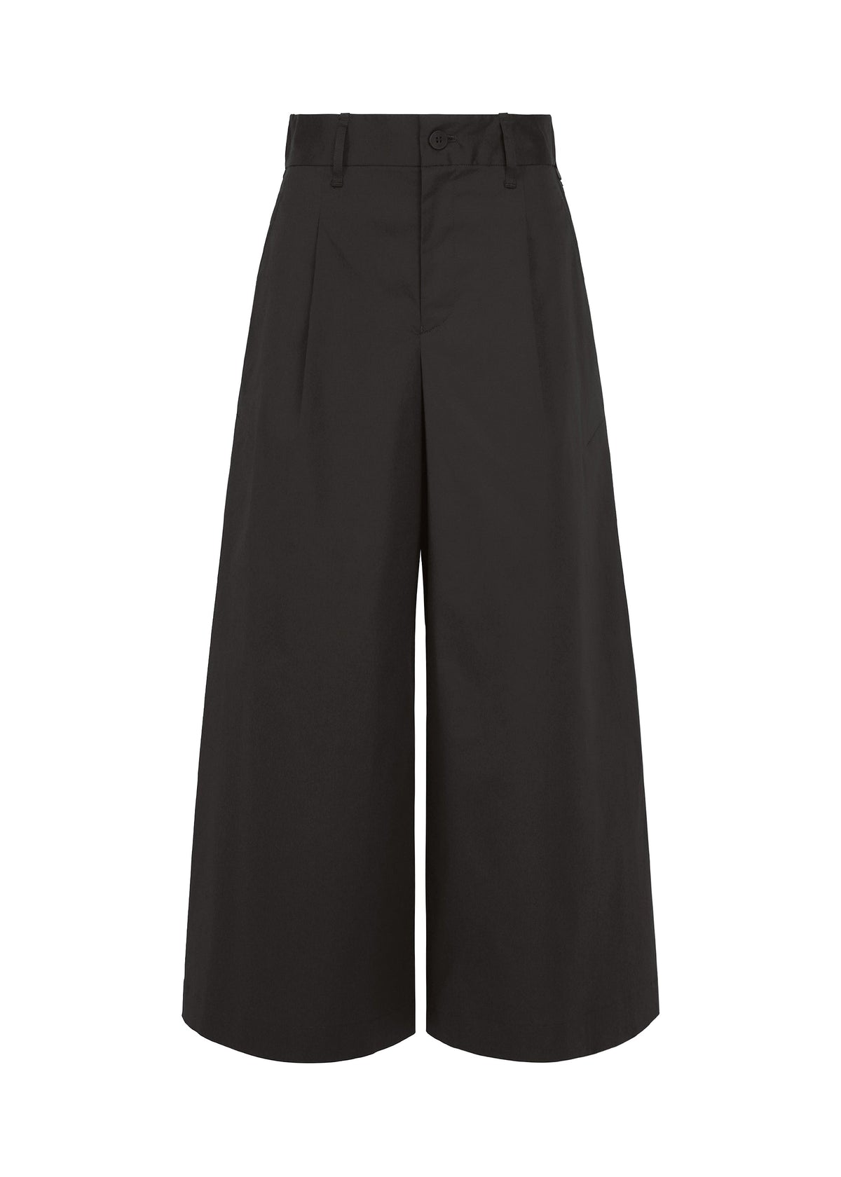 The HaaT COTTON STRETCH BOTTOM features wide-leg black culottes crafted from extra-long-staple cotton with a high waist, pleated front, belt loops, and a button closure, displayed on a plain white background. view 1 of 8