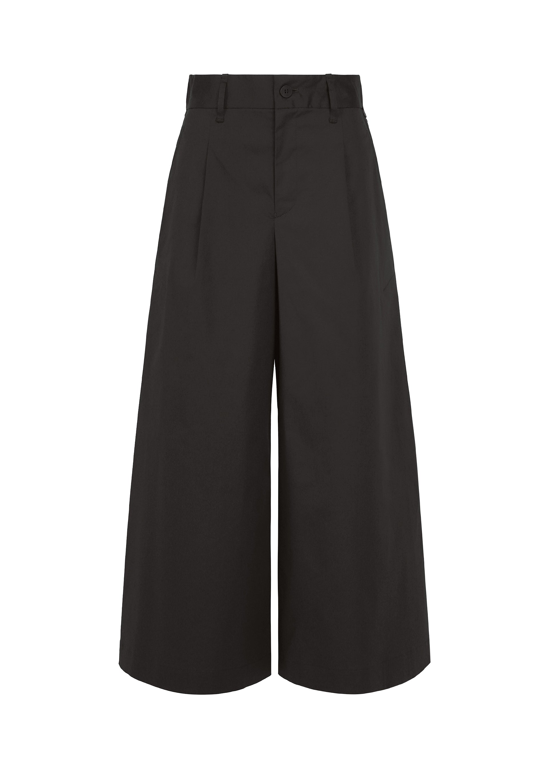 Zoomed view The HaaT COTTON STRETCH BOTTOM features wide-leg black culottes crafted from extra-long-staple cotton with a high waist, pleated front, belt loops, and a button closure, displayed on a plain white background. - BLACK （no.15）