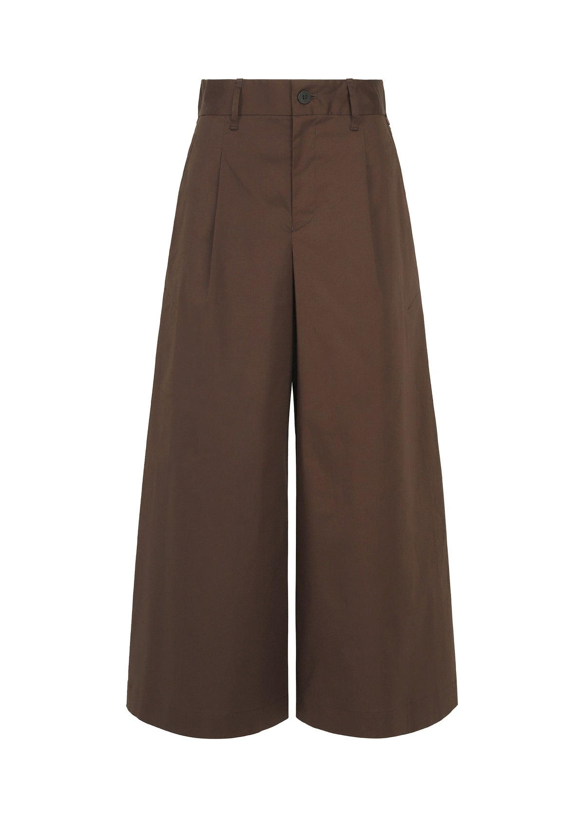 Introducing the COTTON STRETCH BOTTOM by HaaT—these high-waisted, wide-leg culotte pants in a rich brown hue are crafted from soft extra-long-staple cotton. Featuring a button and zip closure, belt loops, and convenient side pockets, these pants offer a loose, cropped fit that ends at mid-calf for effortless style and comfort. view 2 of 8