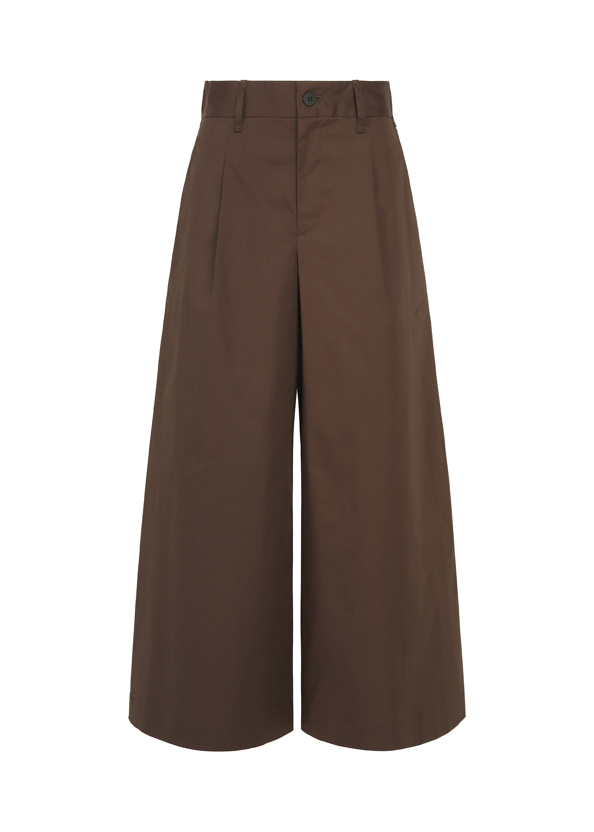 Zoomed view Introducing the COTTON STRETCH BOTTOM by HaaT—these high-waisted, wide-leg culotte pants in a rich brown hue are crafted from soft extra-long-staple cotton. Featuring a button and zip closure, belt loops, and convenient side pockets, these pants offer a loose, cropped fit that ends at mid-calf for effortless style and comfort. - BROWN （no.44）