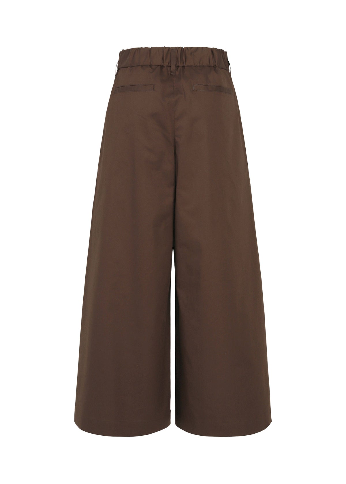 The HaaT COTTON STRETCH BOTTOM is a pair of brown wide-leg culotte pants made from organic cotton, featuring an elastic waistband and two back welt pockets, shown against a white background. view 3 of 8