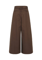The HaaT COTTON STRETCH BOTTOM is a pair of brown wide-leg culotte pants made from organic cotton, featuring an elastic waistband and two back welt pockets, shown against a white background.