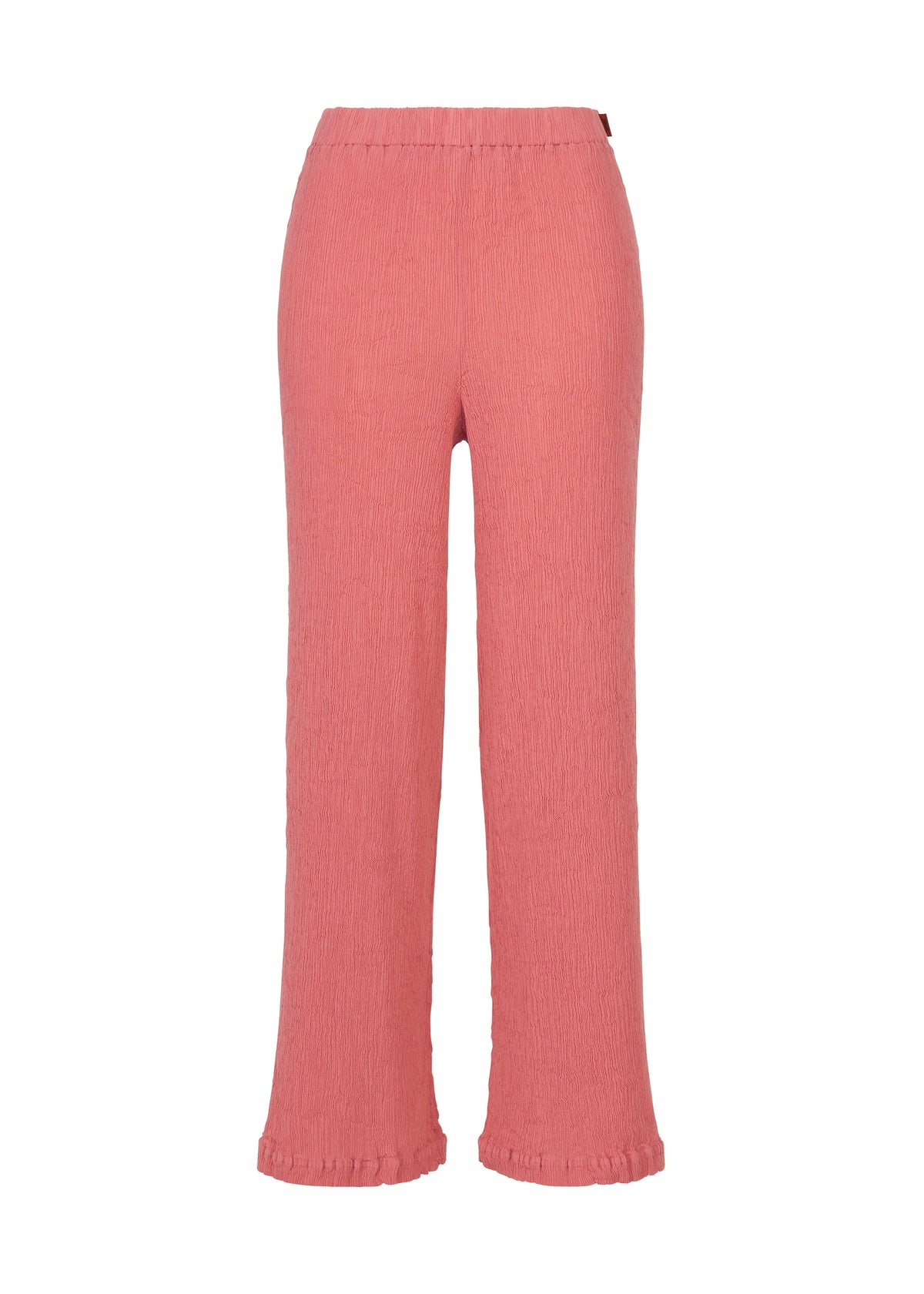 HaaT’s KYO CHIJIMI AUGUST pants in pink, made from ultra-fine cotton with a unique crinkled texture and finished with delicate ruffle details at the hems, are shown against a plain white background. view 1 of 5