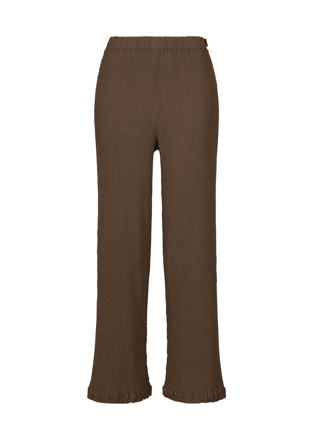 The KYO CHIJIMI AUGUST pants by HaaT are high-waisted, wide-leg trousers in brown, crafted from ultra-fine cotton with a unique crinkled texture and delicate ruffle accents at the hem, displayed against a white background. view 2 of 5