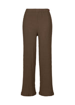 The KYO CHIJIMI AUGUST pants by HaaT are high-waisted, wide-leg trousers in brown, crafted from ultra-fine cotton with a unique crinkled texture and delicate ruffle accents at the hem, displayed against a white background. - DARK BROWN （no.45）
