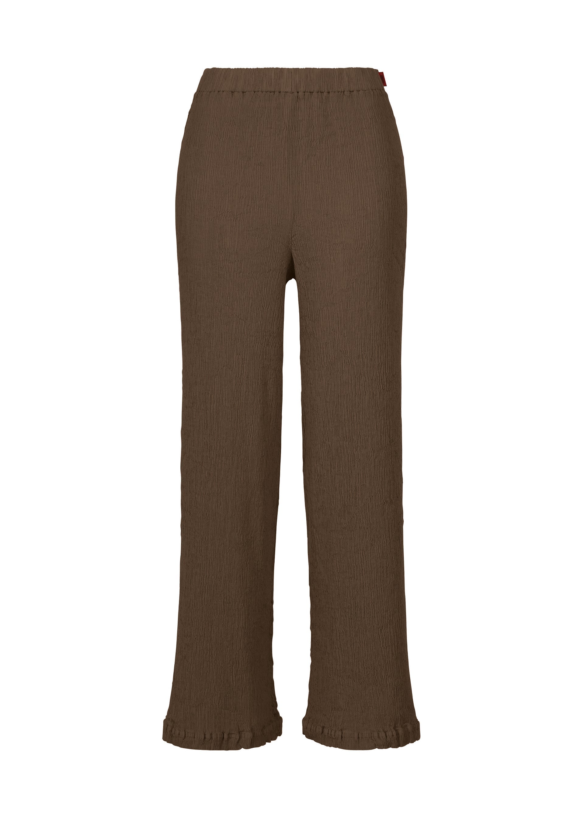 Zoomed view The KYO CHIJIMI AUGUST pants by HaaT are high-waisted, wide-leg trousers in brown, crafted from ultra-fine cotton with a unique crinkled texture and delicate ruffle accents at the hem, displayed against a white background. - DARK BROWN （no.45）