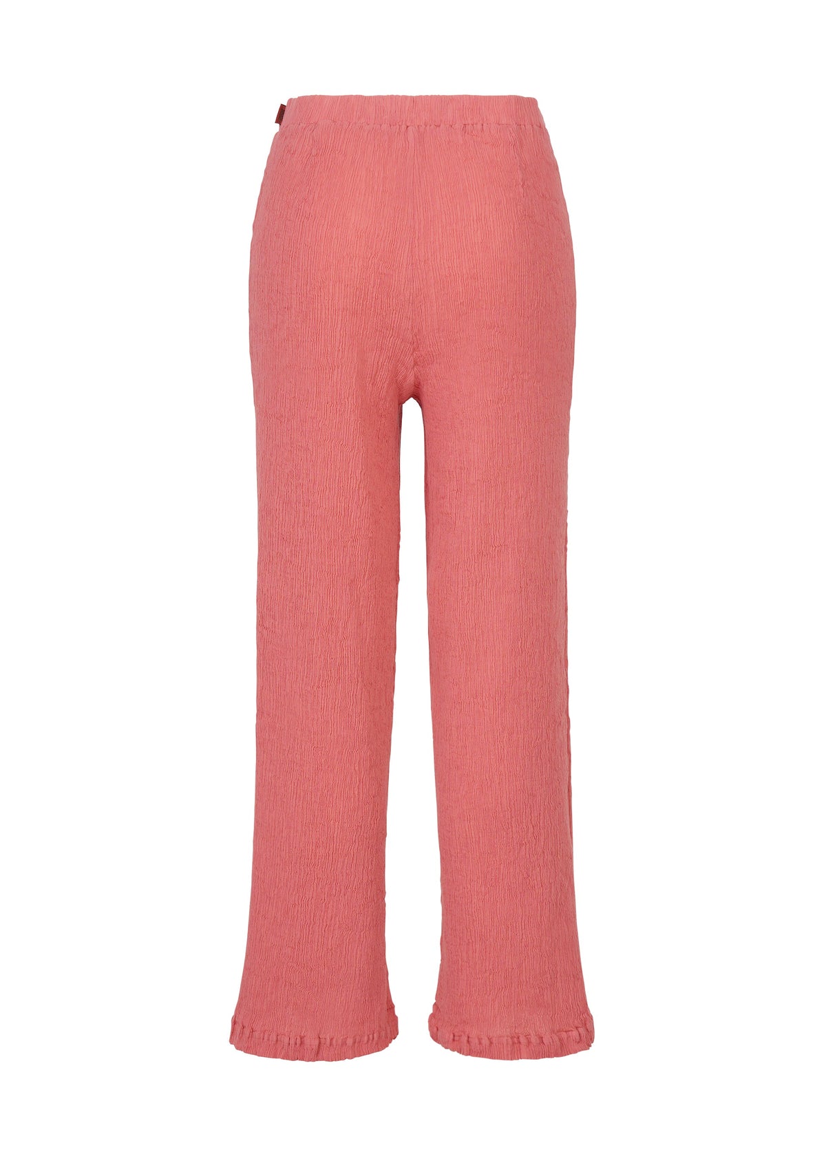 Coral pink KYO CHIJIMI AUGUST pants by HaaT, featuring a high-waisted, straight-leg silhouette and crafted from ultra-fine cotton with a signature crinkled texture, displayed against a white background. view 3 of 5