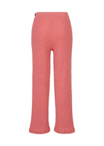 Coral pink KYO CHIJIMI AUGUST pants by HaaT, featuring a high-waisted, straight-leg silhouette and crafted from ultra-fine cotton with a signature crinkled texture, displayed against a white background.