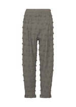 HaaT’s KYO CHIJIMI SQUARE EMB pants in gray feature a crinkled, textured fabric with raised, bumpy square embroidery throughout. Designed with an elastic waistband, these pants offer a relaxed fit and slightly tapered legs. - MIDDLE GRAY （no.11）