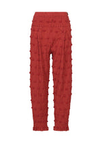 Crafted by HaaT, the KYO CHIJIMI SQUARE EMB pants feature a bold red hue and an ankle-length, high-waisted silhouette. These pants showcase an all-over raised, tufted dot motif that evokes the distinctive crinkled texture of classic KYO CHIJIMI styles. With a relaxed fit and a seamless appearance free of visible fasteners, they combine modern dimension with timeless appeal. - RED （no.24）