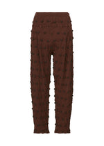 The HaaT KYO CHIJIMI SQUARE EMB pants in brown feature a high waist, straight-leg silhouette, and a distinctive crinkled texture accented with raised square tufts embellishing the entire fabric, displayed against a plain white background. - BORDEAUX （no.84）