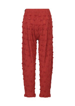 The KYO CHIJIMI SQUARE EMB pants by HaaT feature a striking red color with an elastic waistband, raised bumpy details across the fabric, a distinctive crinkled texture, and subtle square-pattern embroidery, all showcased on a white background.