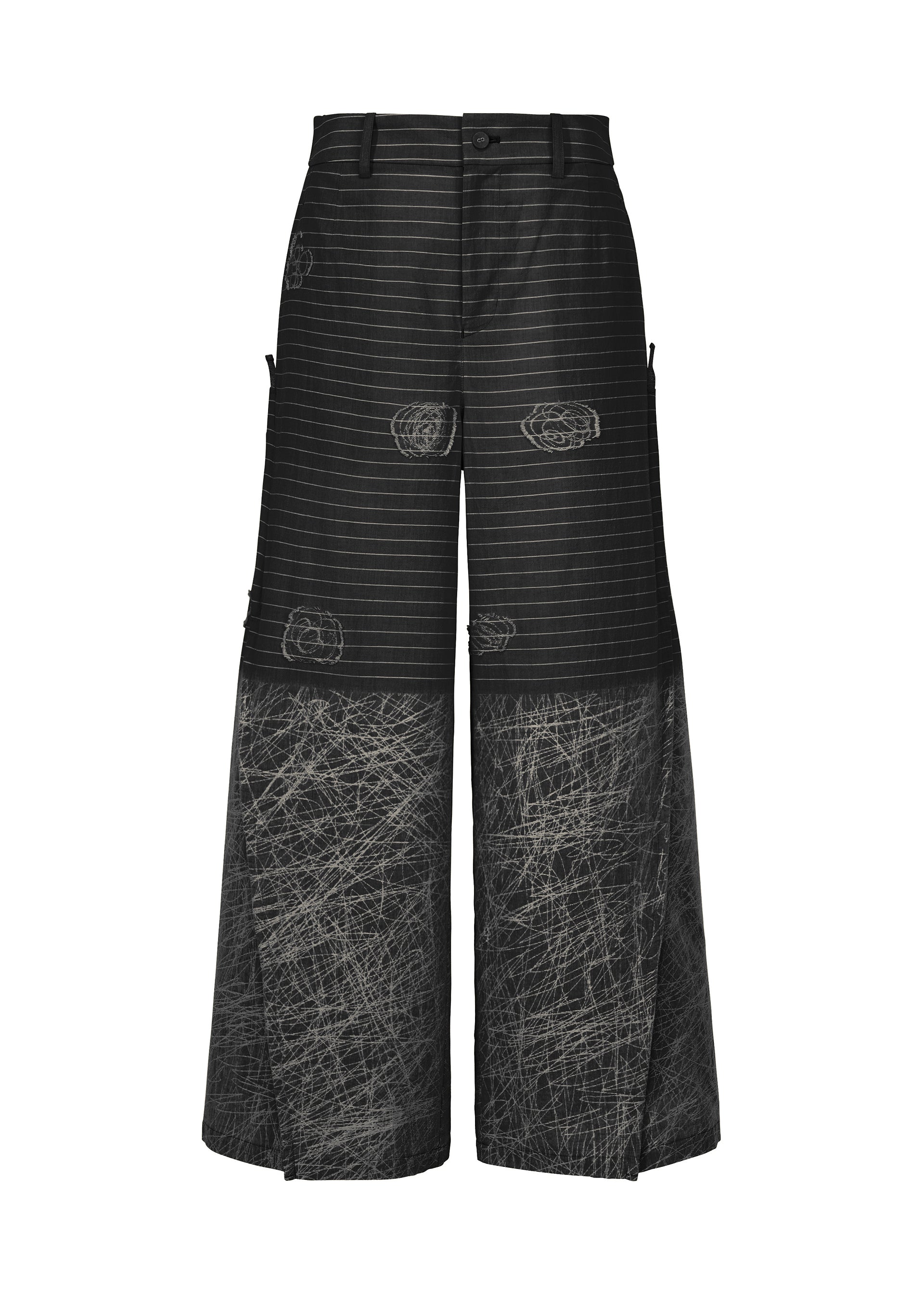 Zoomed view The HaaT ONE STROKE DRAW pants feature a wide-leg black cotton cupra design with upper white pinstripes, abstract circular patterns, a lower section of dense white lines, and an adjustable silhouette for versatile styling. - BLACK （no.15）