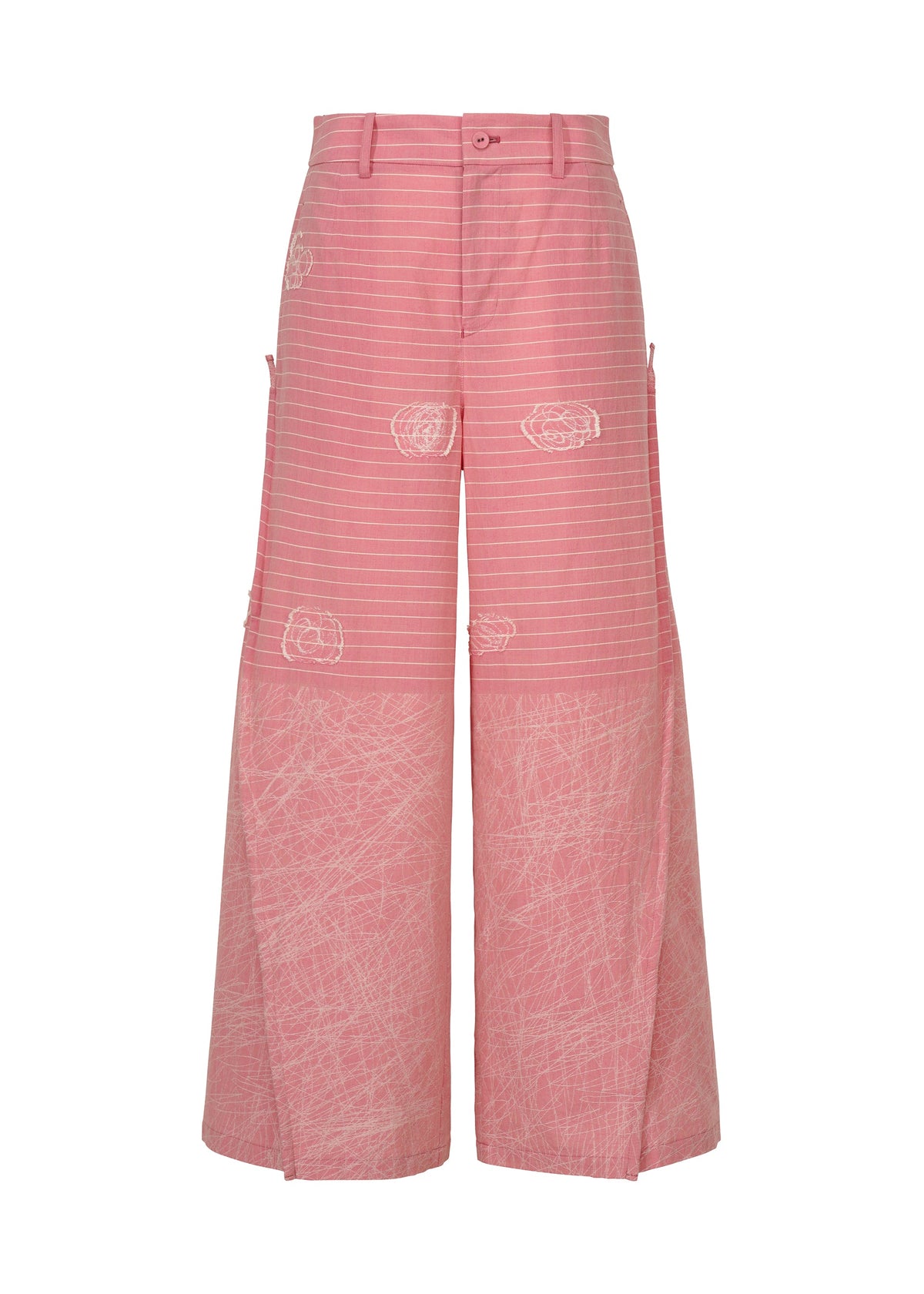 The ONE STROKE DRAW wide-leg jacquard pants by HaaT feature pink fabric with white horizontal stripes on top, a scribble pattern below, subtle white floral designs, side pockets, and an adjustable fit for comfort. view 2 of 7