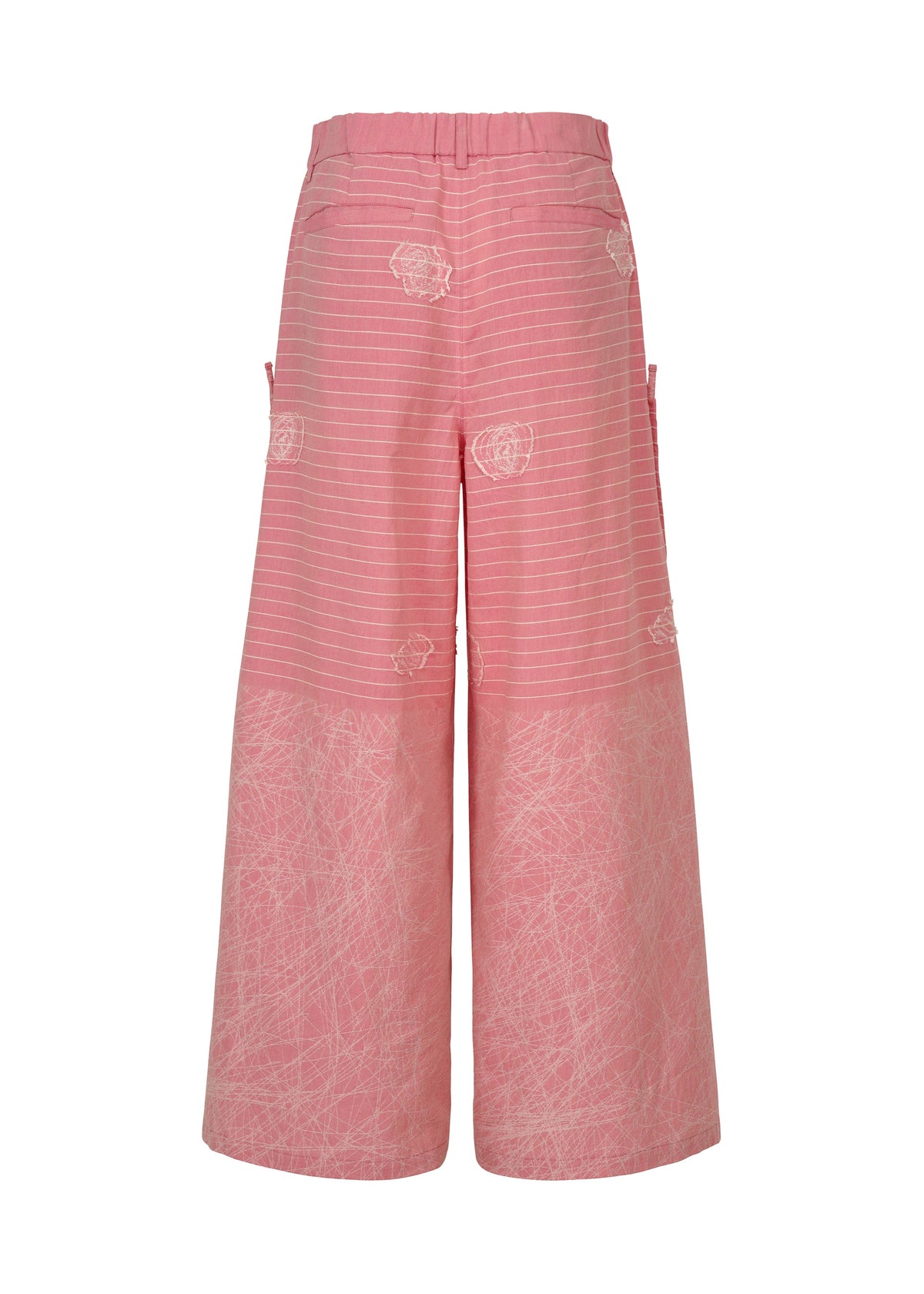 The HaaT ONE STROKE DRAW pants feature a wide-leg, high-waist pink jacquard design with horizontal stripes, floral embroidery, textured lower patterns, side pockets, and an adjustable silhouette. view 3 of 7