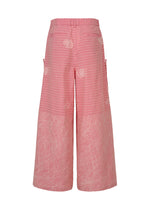 The HaaT ONE STROKE DRAW pants feature a wide-leg, high-waist pink jacquard design with horizontal stripes, floral embroidery, textured lower patterns, side pockets, and an adjustable silhouette.
