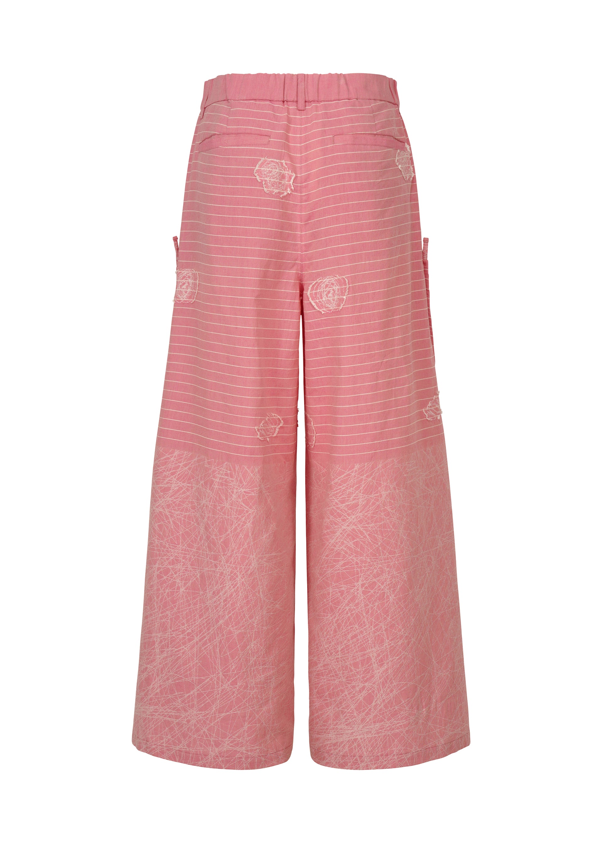 Zoomed view The HaaT ONE STROKE DRAW pants feature a wide-leg, high-waist pink jacquard design with horizontal stripes, floral embroidery, textured lower patterns, side pockets, and an adjustable silhouette.