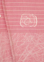 Close-up of pink fabric with horizontal white stripes, a square embroidered pattern, and abstract white lines, echoing the unique textures of HaaT's ONE STROKE DRAW wide jacquard pants with an adjustable silhouette.
