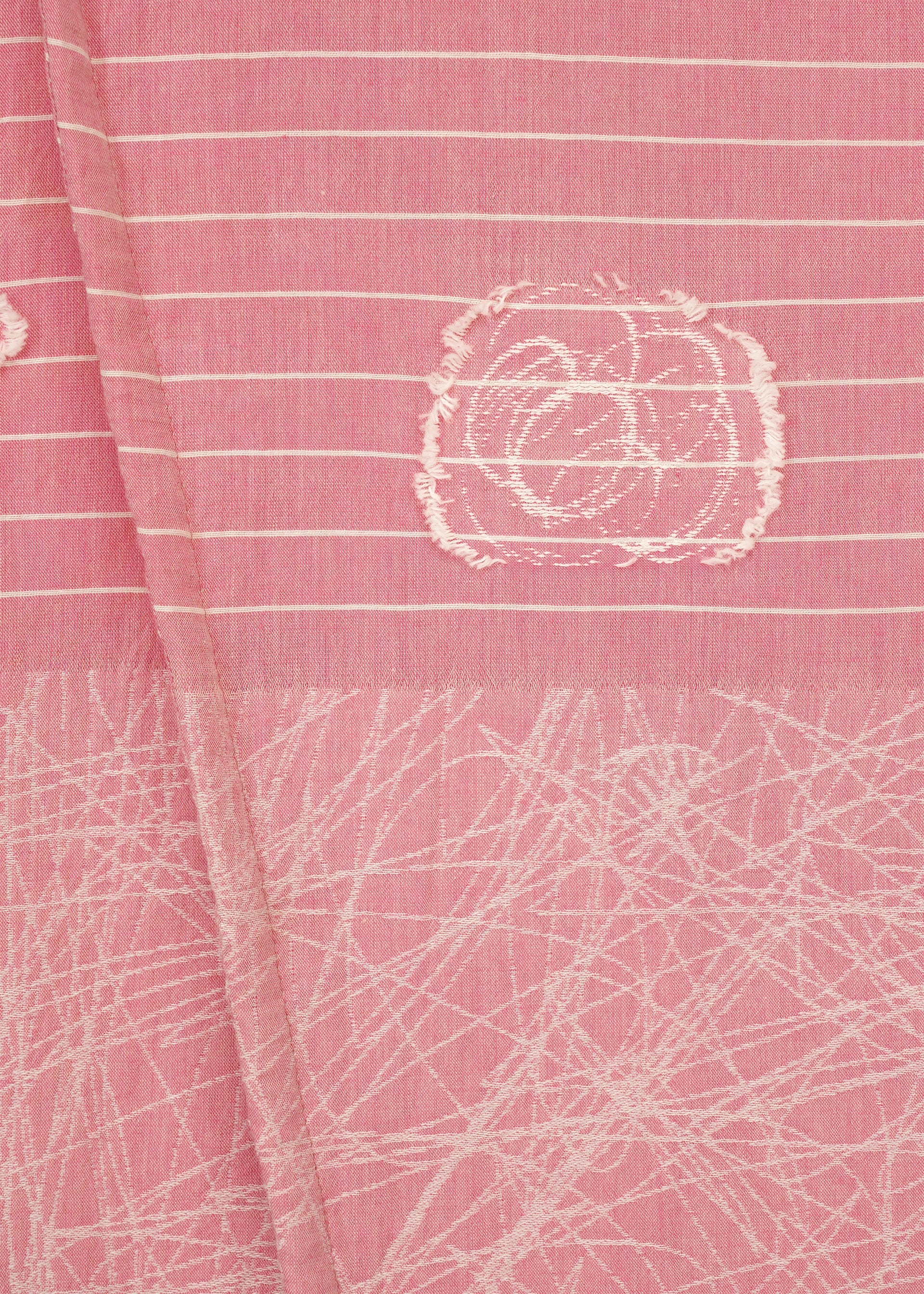 Zoomed view Close-up of pink fabric with horizontal white stripes, a square embroidered pattern, and abstract white lines, echoing the unique textures of HaaT's ONE STROKE DRAW wide jacquard pants with an adjustable silhouette.