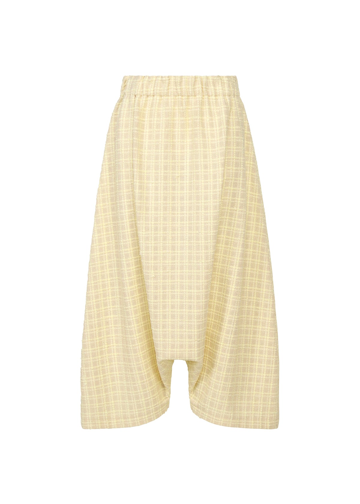 Zoomed view The SAKIORI by HaaT features a loose yellow skirt with a subtle plaid, lightweight woven fabric, elastic waistband, and wide draped legs for a unique balloon-like sarouel silhouette. - IVORY （no.03）