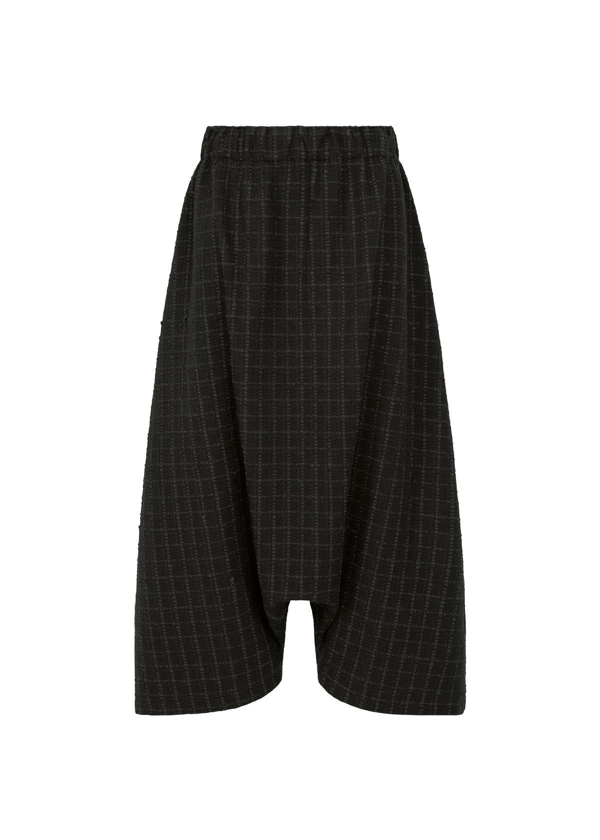 The HaaT SAKIORI is a black knee-length skirt in woven fabric with a wide silhouette, elastic waistband, subtle pinstripes, and an irregular hem for a draped look. Photographed on a plain white background. view 2 of 10
