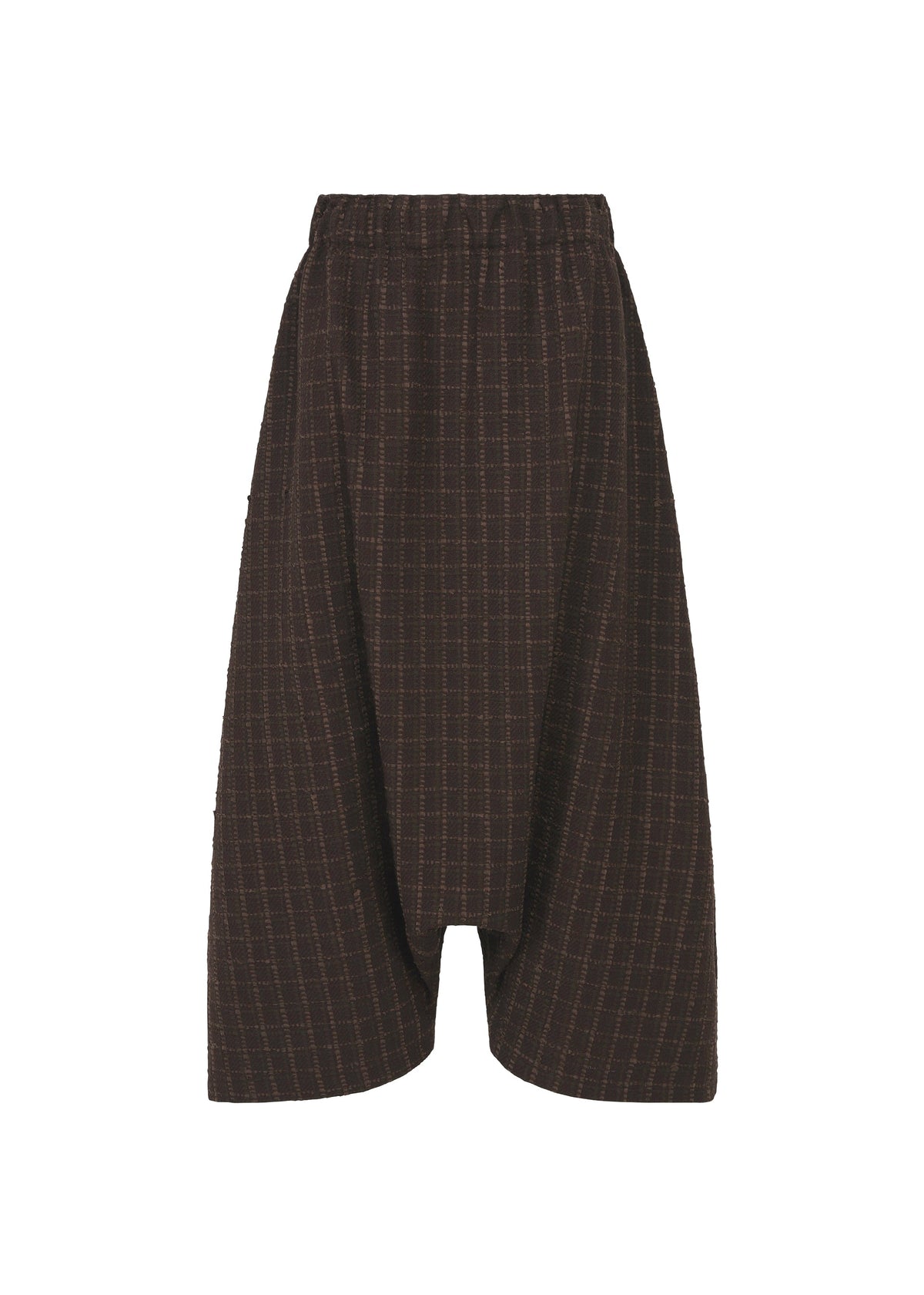 SAKIORI wide-legged brown sarouel shorts by HaaT, featuring a dropped crotch, subtle checkered woven fabric, and an elastic waistband, displayed front-facing on a plain white background. view 3 of 10