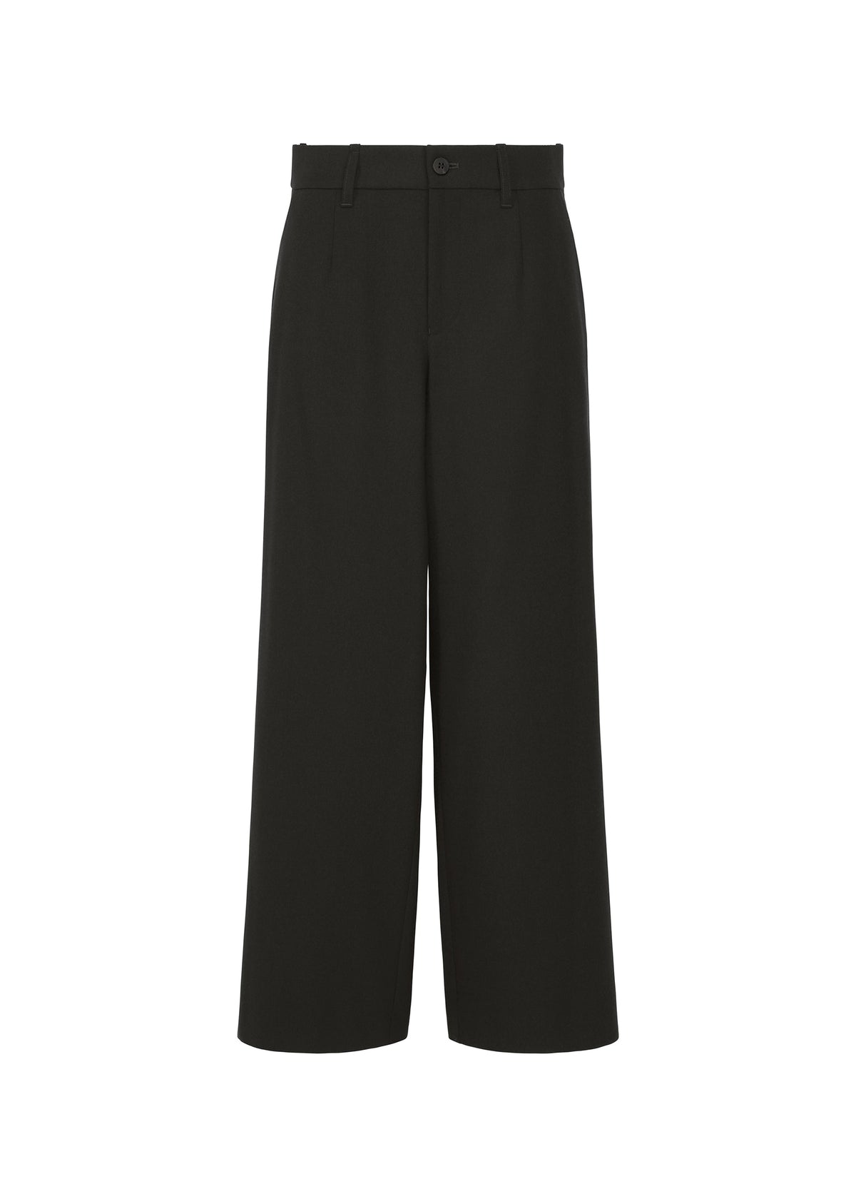 Zoomed view The HaaT FLANNEL BOTTOM features wide-leg black flannel with a high waist, belt loops, and button closure, offering soft texture and warmth, shown against a white background. - BLACK （no.15）