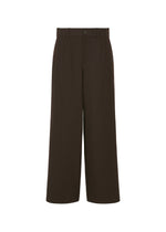 The HaaT FLANNEL BOTTOM features wide legs, a high waist, dark brown flannel fabric, button and zip closure, belt loops, and front pleats for a soft, warm feel. Shown on a white background. - DARK BROWN （no.45）