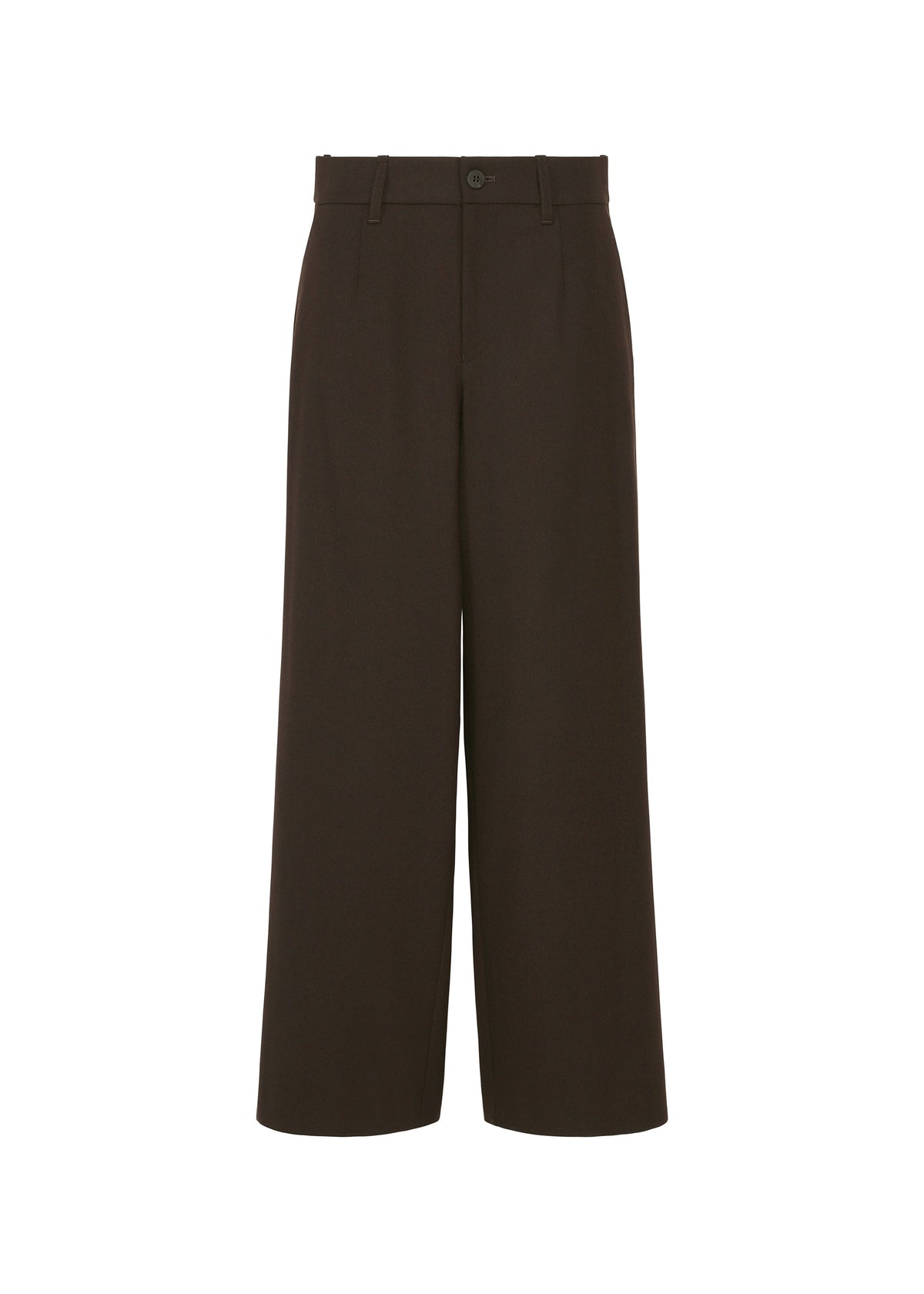 Zoomed view The HaaT FLANNEL BOTTOM features wide legs, a high waist, dark brown flannel fabric, button and zip closure, belt loops, and front pleats for a soft, warm feel. Shown on a white background. - DARK BROWN （no.45）
