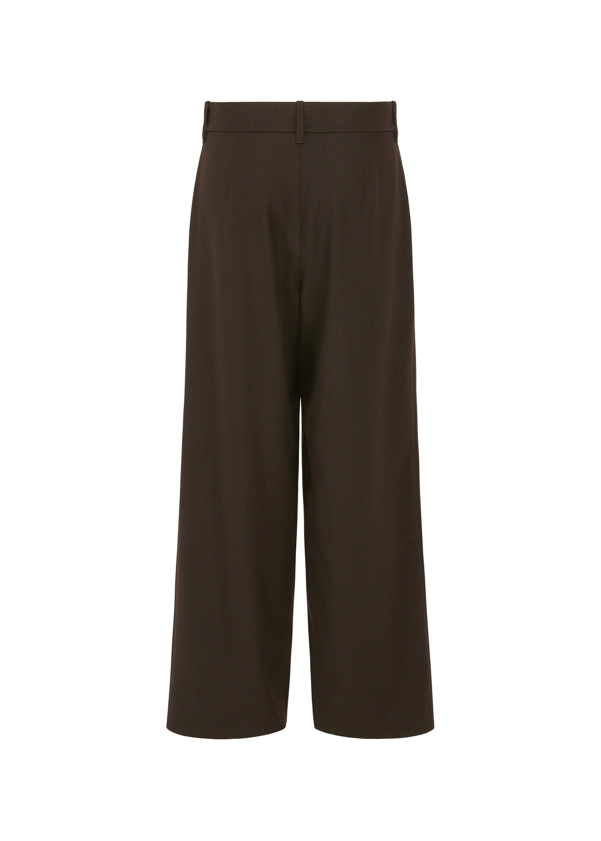 Zoomed view FLANNEL BOTTOM by HaaT features wide-leg, high-waisted brown flannel with a cropped length, belt loops, and a clean back—no pockets or embellishments. Shown from the back against a white background.