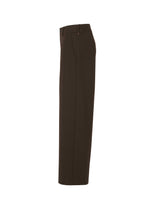 Side view of FLANNEL BOTTOM by HaaT: high-waisted, dark brown flannel pants with a fitted waistband and pleats, offering warmth and softness, shown against a white background.