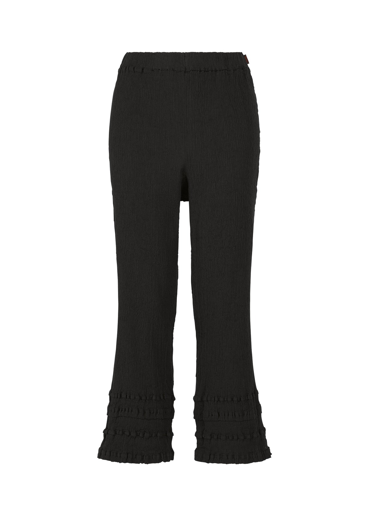 The HaaT KYO CHIJIMI TSUCHIKABE pants feature a black textured finish, high waist, and flared legs. Made from ultra-fine cotton with a crepe feel, they are detailed with ruffled trims at the waistband and hem for a unique touch. view 1 of 9