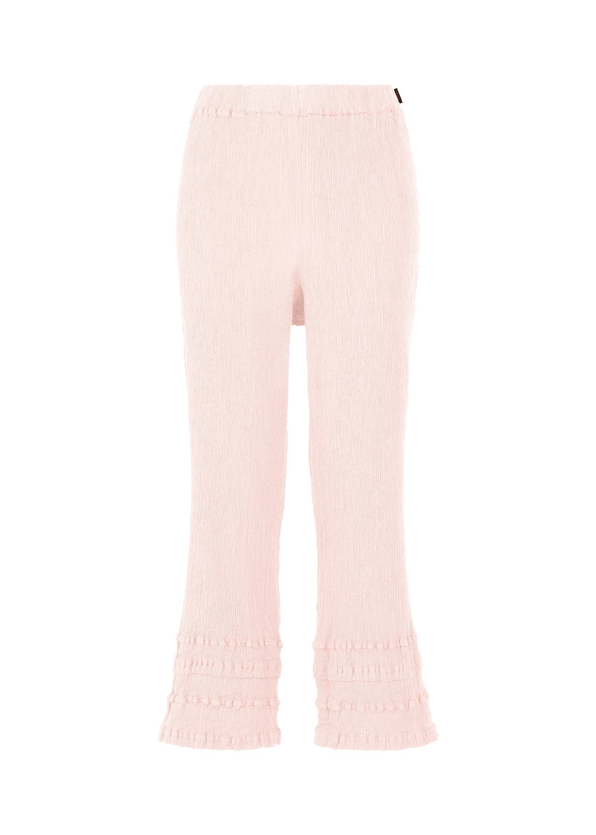 The KYO CHIJIMI TSUCHIKABE pants by HaaT feature a light pink hue, ultra-fine cotton with a crepe-like texture, slightly flared legs, ruffled hems for softness, and an elastic waistband for comfort and femininity. view 2 of 9