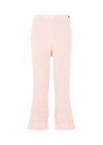The KYO CHIJIMI TSUCHIKABE pants by HaaT feature a light pink hue, ultra-fine cotton with a crepe-like texture, slightly flared legs, ruffled hems for softness, and an elastic waistband for comfort and femininity. - LIGHT PINK （no.20）
