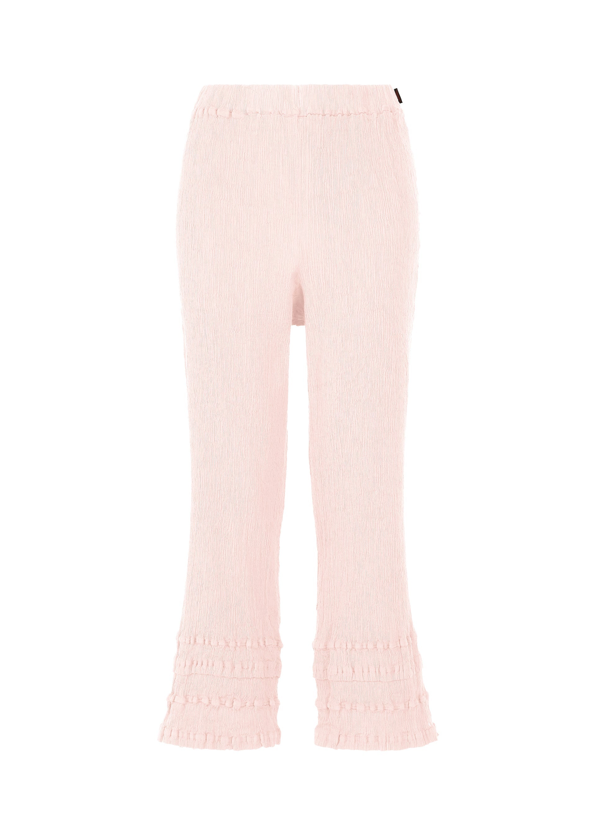 Zoomed view The KYO CHIJIMI TSUCHIKABE pants by HaaT feature a light pink hue, ultra-fine cotton with a crepe-like texture, slightly flared legs, ruffled hems for softness, and an elastic waistband for comfort and femininity. - LIGHT PINK （no.20）