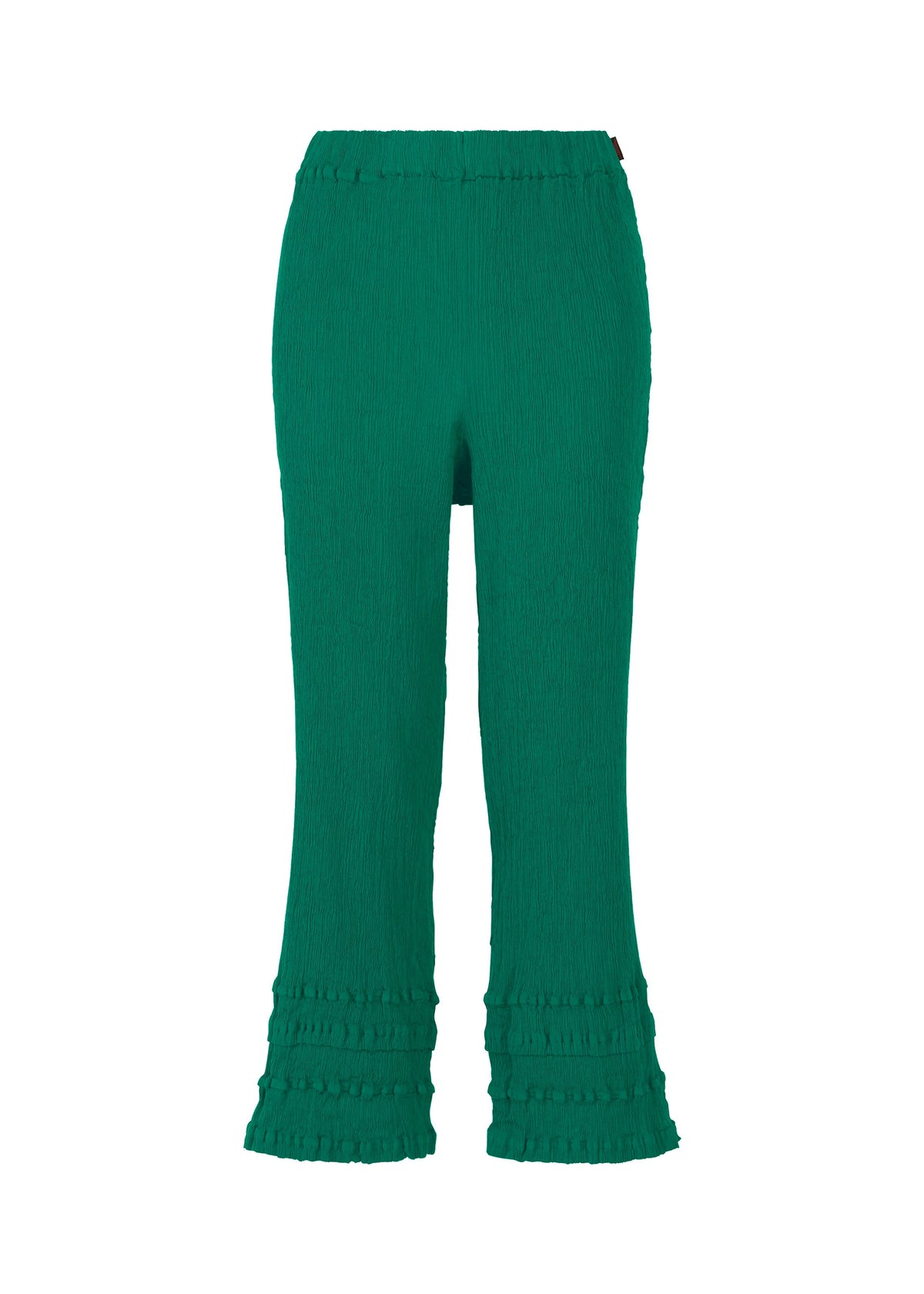 The HaaT KYO CHIJIMI TSUCHIKABE pants feature a green textured finish, elastic waistband, flared legs, and ruffle hem details. Made from ultra-fine cotton for a crepe-like feel. Shown against a white background. view 3 of 9
