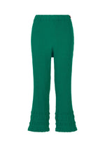 The HaaT KYO CHIJIMI TSUCHIKABE pants feature a green textured finish, elastic waistband, flared legs, and ruffle hem details. Made from ultra-fine cotton for a crepe-like feel. Shown against a white background. - GREEN （no.62）