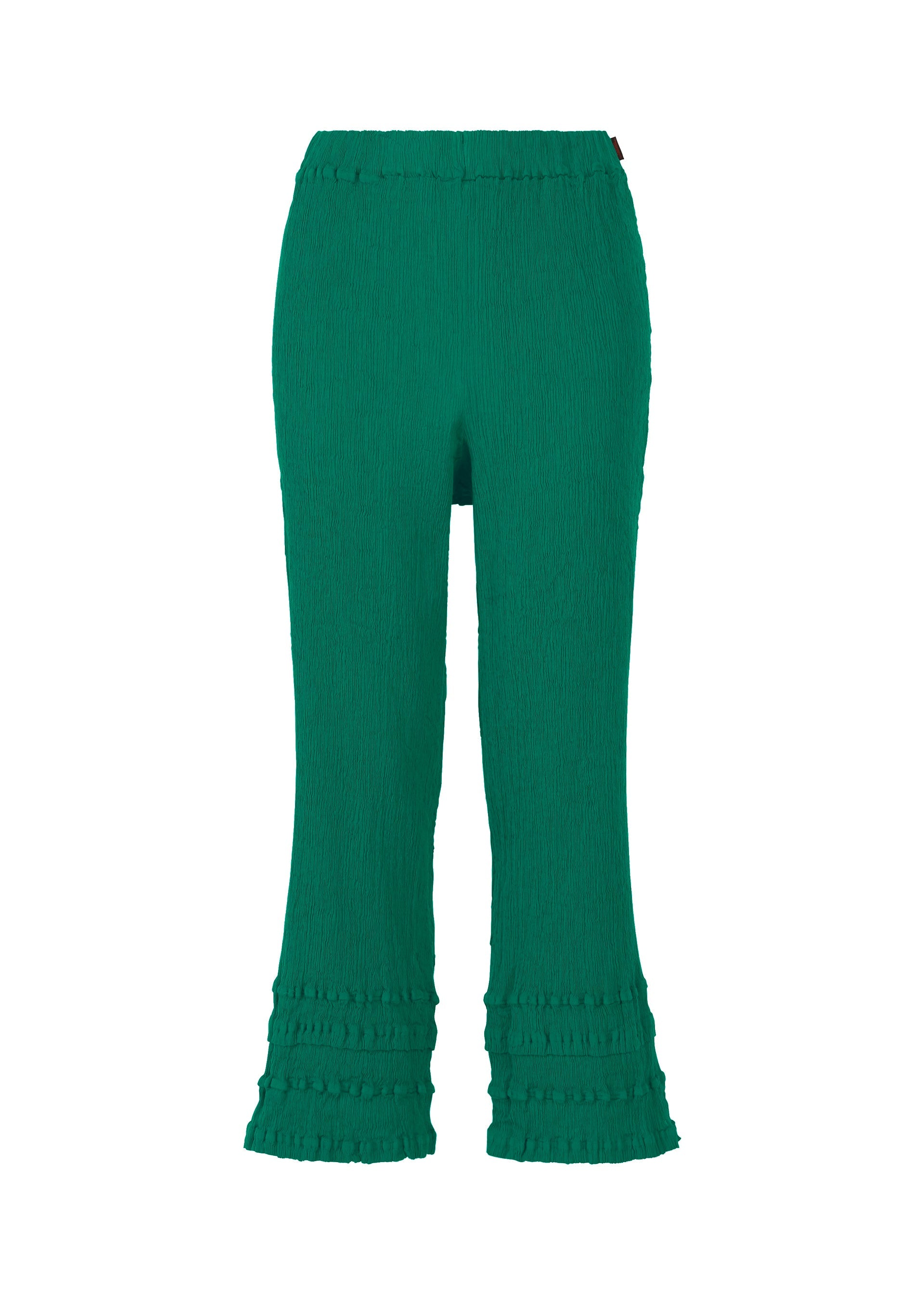 Zoomed view The HaaT KYO CHIJIMI TSUCHIKABE pants feature a green textured finish, elastic waistband, flared legs, and ruffle hem details. Made from ultra-fine cotton for a crepe-like feel. Shown against a white background. - GREEN （no.62）