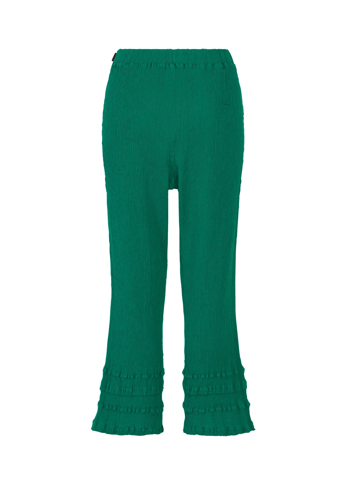 The HaaT KYO CHIJIMI TSUCHIKABE pants feature a green textured design with an elastic waistband, slightly flared legs, and ruffled hems. Crafted from ultra-fine cotton for a crepe-like feel, they are shown against a plain white background. view 4 of 9