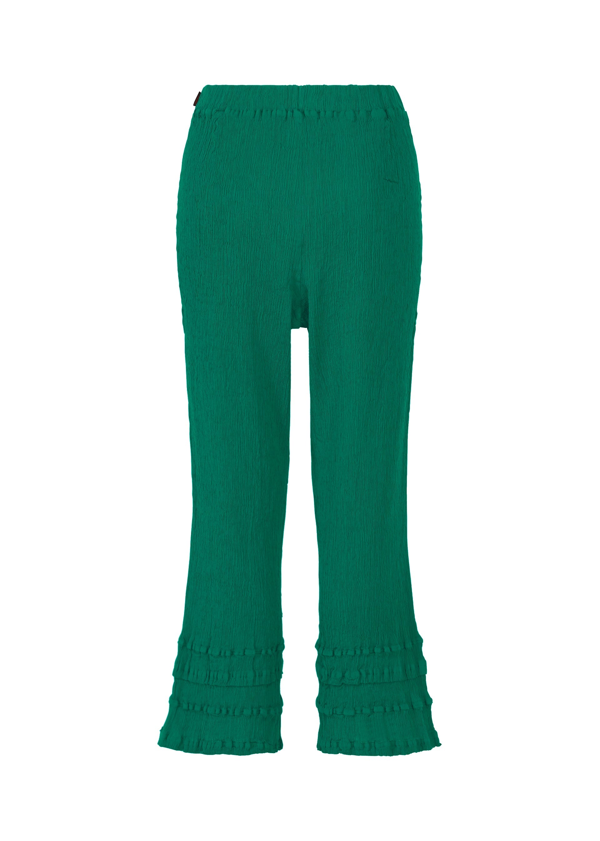 Zoomed view The HaaT KYO CHIJIMI TSUCHIKABE pants feature a green textured design with an elastic waistband, slightly flared legs, and ruffled hems. Crafted from ultra-fine cotton for a crepe-like feel, they are shown against a plain white background.