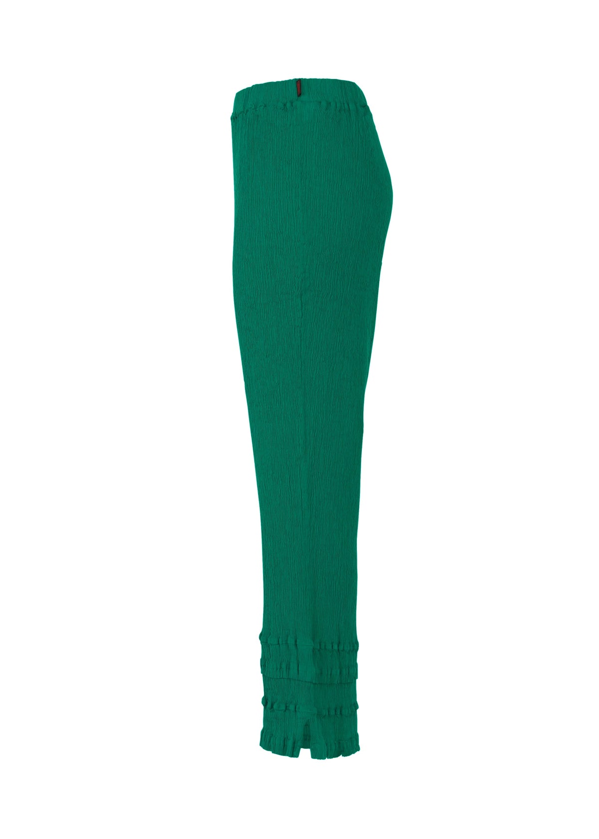 Side view of HaaT’s KYO CHIJIMI TSUCHIKABE pants in green, made from ultra-fine cotton with a crepe-like texture, an elastic waistband, gathered ankle cuffs, and a relaxed fit. view 5 of 9