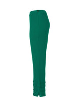 Side view of HaaT’s KYO CHIJIMI TSUCHIKABE pants in green, made from ultra-fine cotton with a crepe-like texture, an elastic waistband, gathered ankle cuffs, and a relaxed fit.