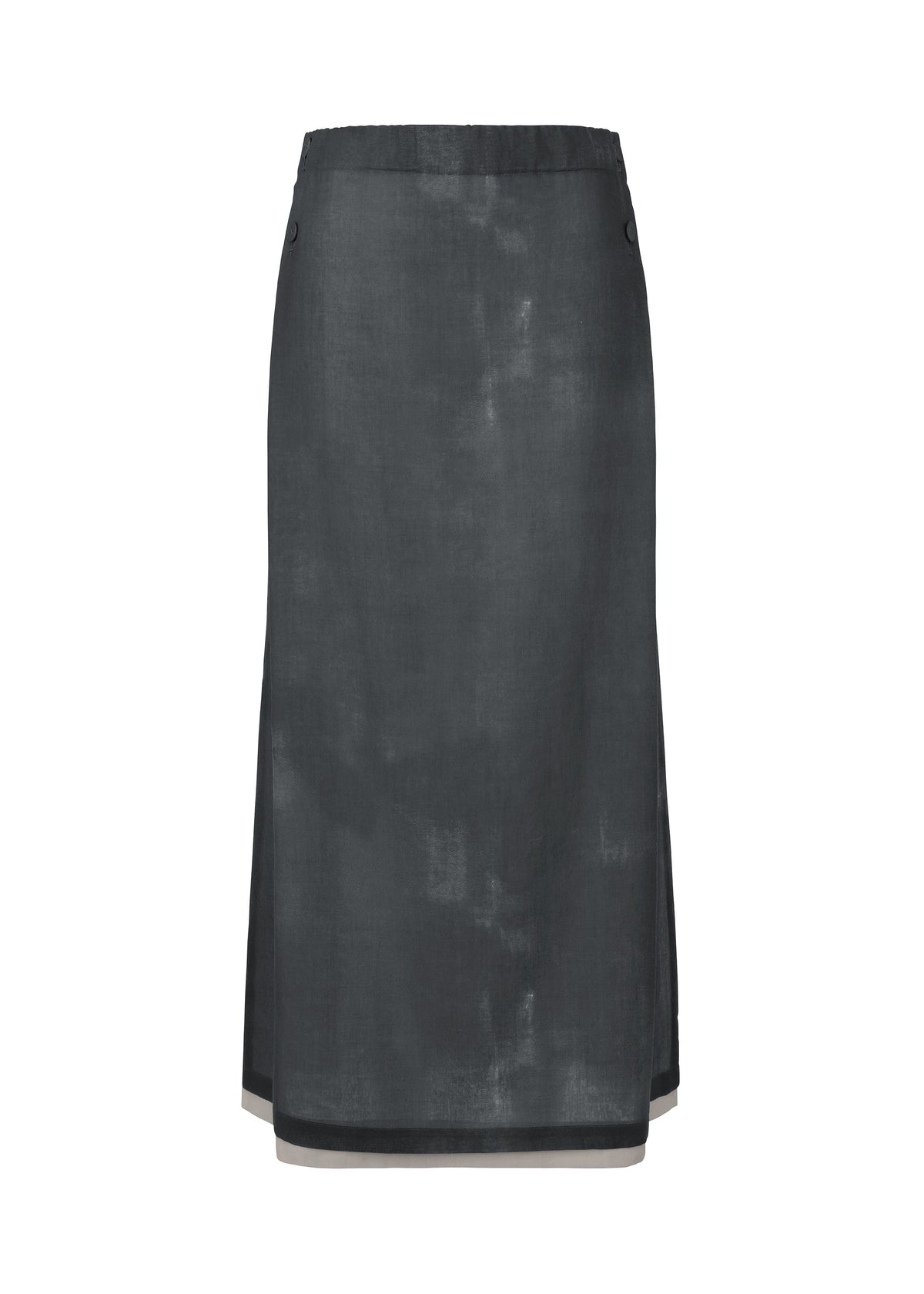 The WALL WHITE HEM skirt by HaaT is a dark gray, knee-length chiffon piece with a straight silhouette, subtle sheen, and simple elastic waistband—crafted using Kyoto dyeing techniques and shown on a white background. view 1 of 9
