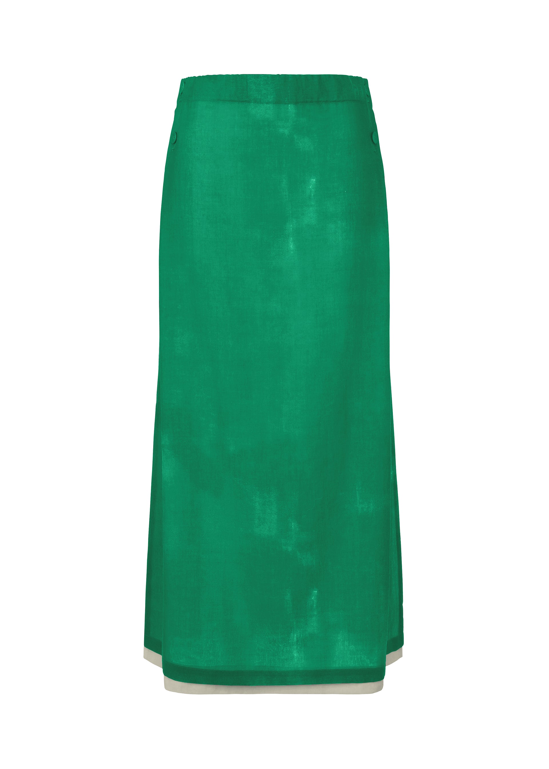 Zoomed view The WALL WHITE HEM by HaaT is a knee-length, straight-cut chiffon skirt in vibrant green with Kyoto dyeing, shown on a plain white background. - GREEN （no.62）