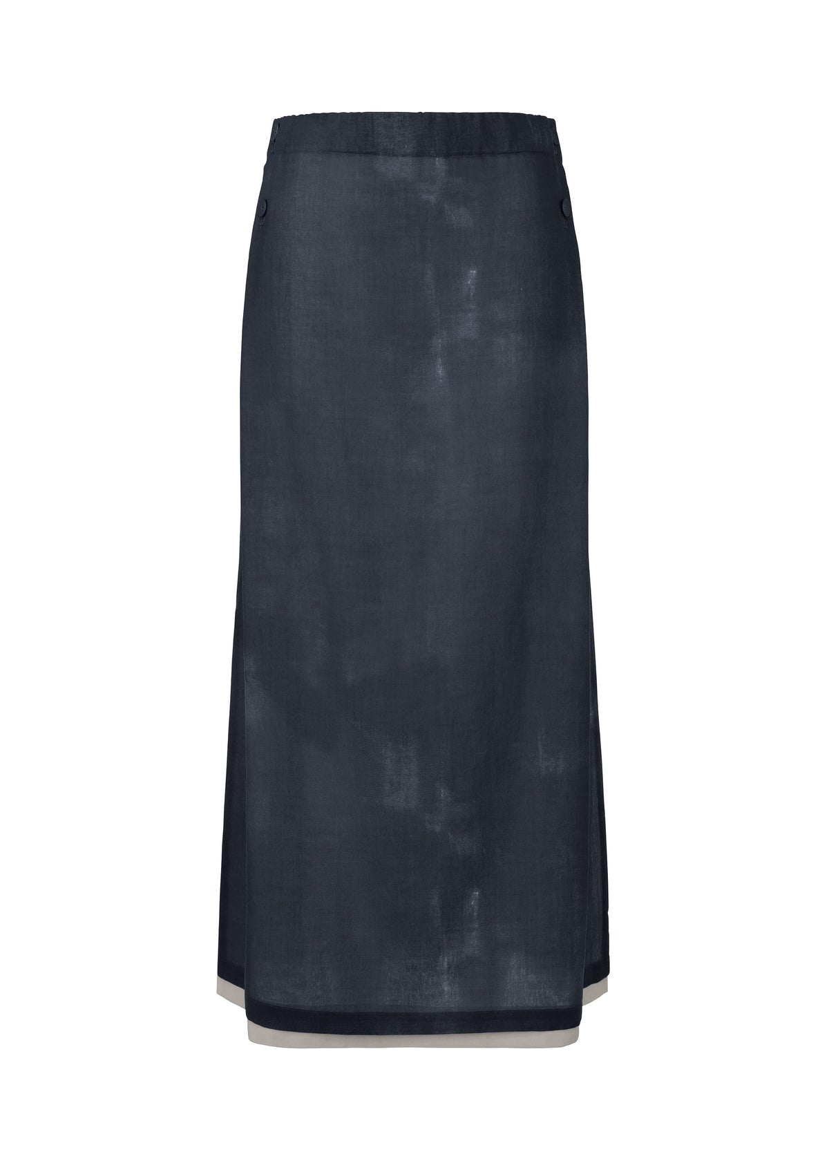 The WALL WHITE HEM skirt by HaaT features a straight cut and subtle sheen in dark navy chiffon, highlighting refined Kyoto dyeing techniques. Minimal detailing is showcased against a plain white background. view 3 of 9