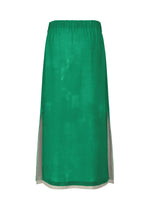 The WALL WHITE HEM by HaaT is a knee-length bright green chiffon skirt featuring an elastic waistband, two side slits, and crafted from lightweight semi-sheer fabric.