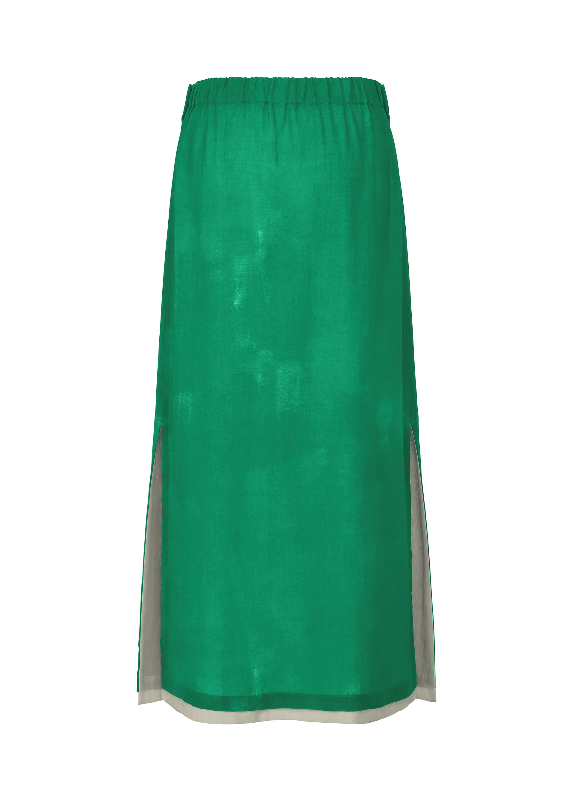 Zoomed view The WALL WHITE HEM by HaaT is a knee-length bright green chiffon skirt featuring an elastic waistband, two side slits, and crafted from lightweight semi-sheer fabric.