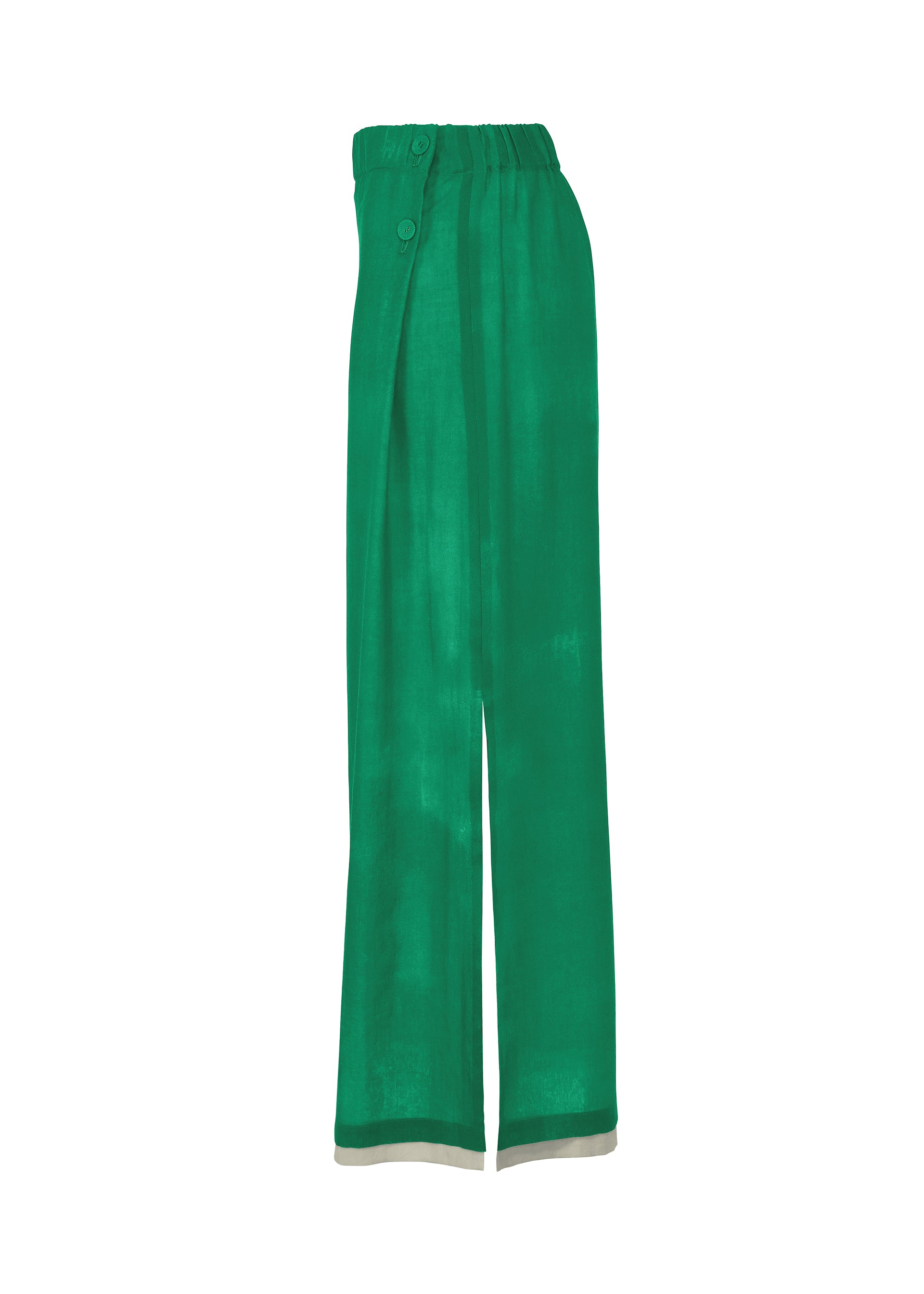 Zoomed view The WALL WHITE HEM pants by HaaT feature a bright green hue, high waist, wide legs, elastic waistband, and side buttons. Crafted from lightweight, Kyoto dyeing-inspired fabric, they offer a relaxed and flowy silhouette for easy style.