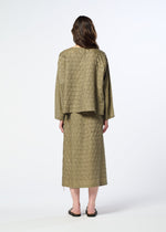 A person stands facing away, wearing the HOLE & LINE textured olive green long-sleeve top and matching mid-length twill skirt by HaaT, paired with black sandals. The background is plain white.