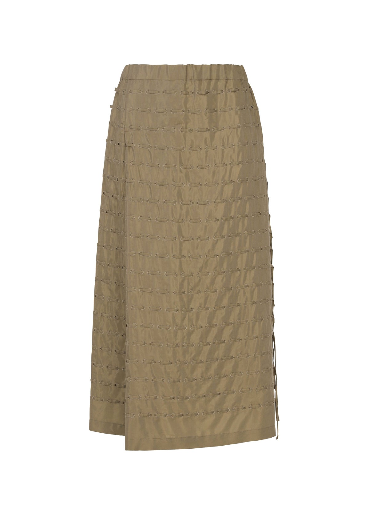 The HOLE & LINE skirt by HaaT is a khaki-colored, knee-length twill piece featuring a textured, grid-like pattern and subtle side detailing, displayed against a plain white background. view 1 of 8